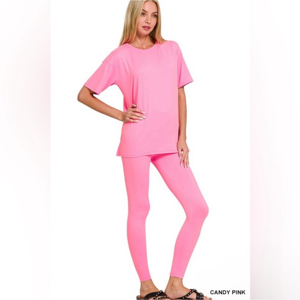 NEW! 2pc Brushed Microfiber Short Sleeve Top Shirt & Full Length Leggings Set